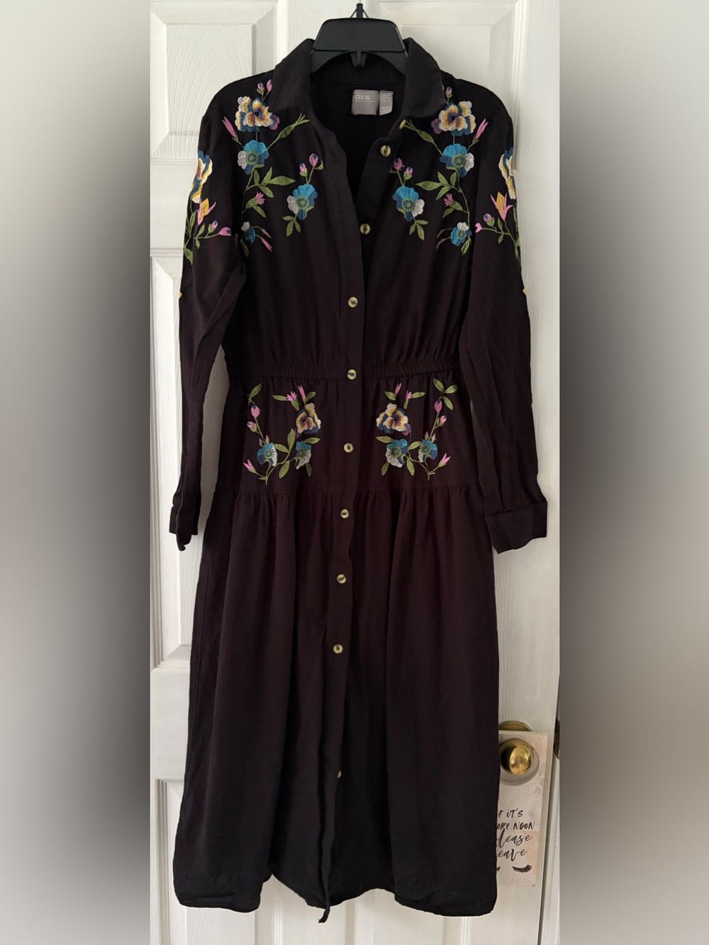 ASOS Black Long-Sleeve Floral Embroidered Shirt Dress